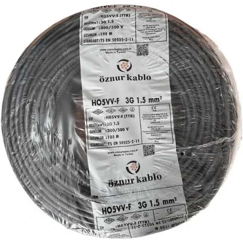Öznur %100 Bakır 3X1.5 mm TTR Elektrik Kablosu (SİYAH, 100 METRE)